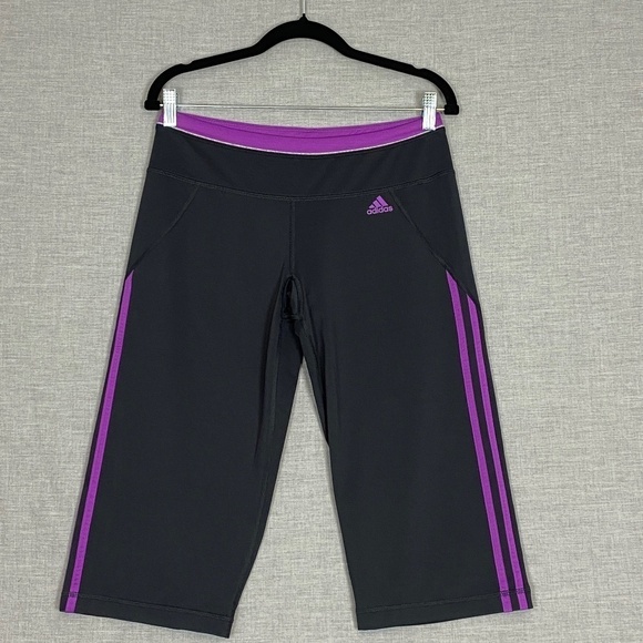 Adidas Climalite Capri Workout Pants Size Medium Purple Gray 3 Stripe - Picture 1 of 8